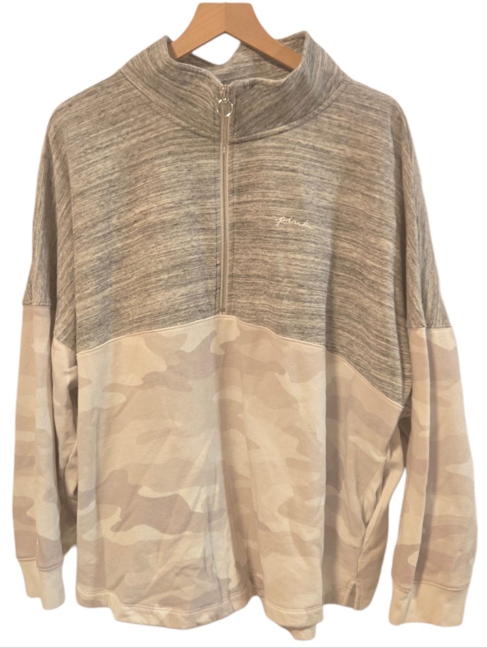Victoria's Secret PINK Varsity Camo Heather Gray Half Zip Sweatshirt XXL